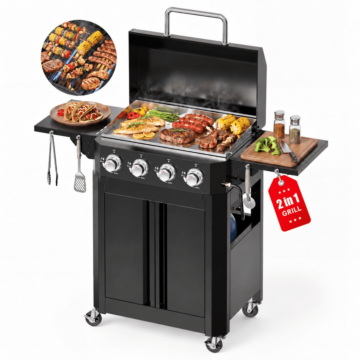 Biotree 4 Burner Propane Gas Grill and Griddle with Folding Side Tables