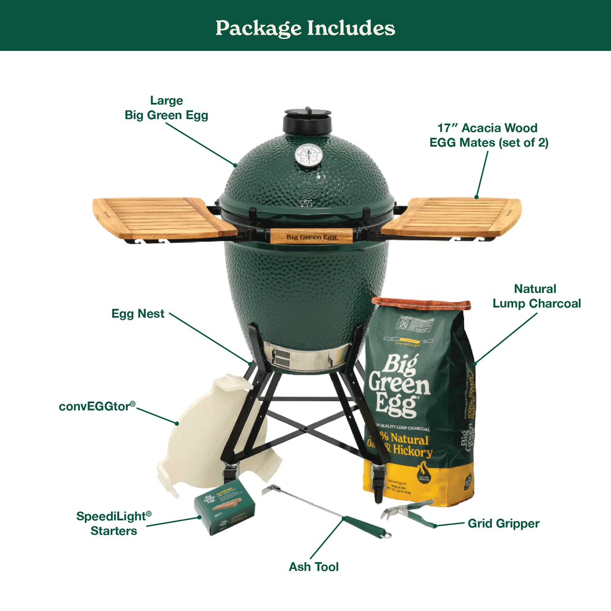 Big Green Egg Large Ceramic Kamado Grill in a Nest with Acacia Mates Package