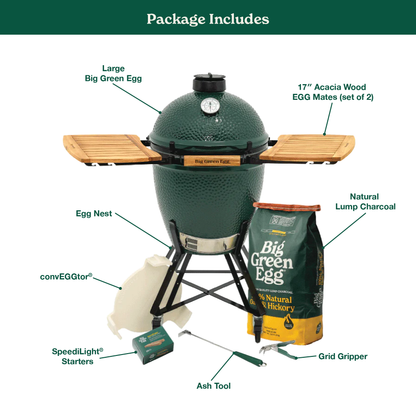 Big Green Egg Large Ceramic Kamado Grill in a Nest with Acacia Mates Package