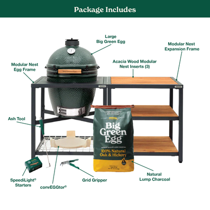 Big Green Egg Large Ceramic Kamado Grill in Modular Nest with Expansion and 3 Acacia Inserts Package