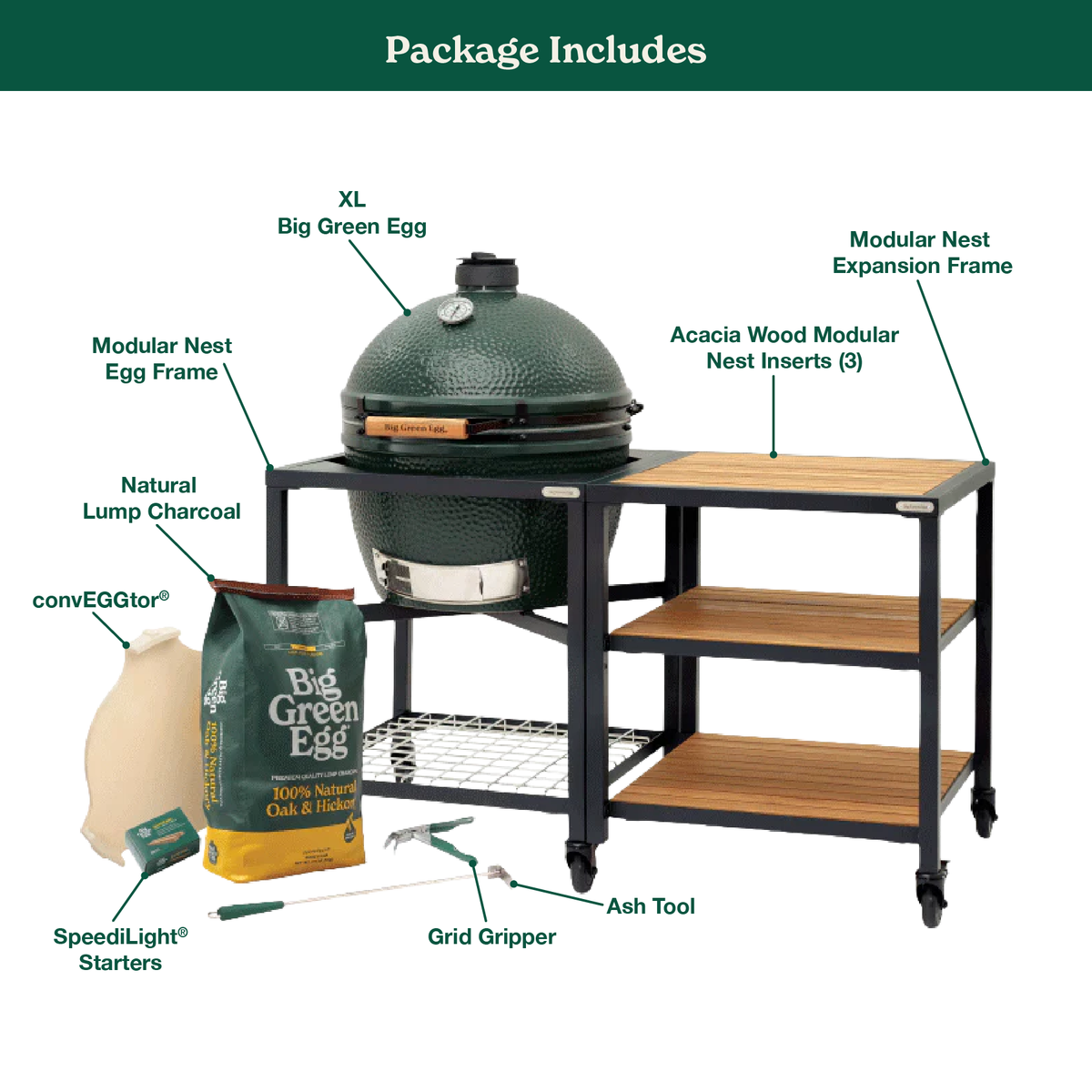 Big Green Egg XL Ceramic Kamado Grill in Modular Nest with Expansion and 3 Acacia Inserts Package