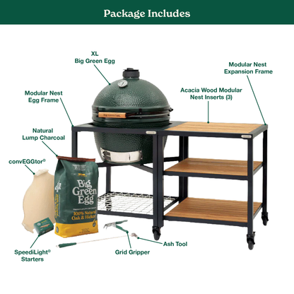 Big Green Egg XL Ceramic Kamado Grill in Modular Nest with Expansion and 3 Acacia Inserts Package