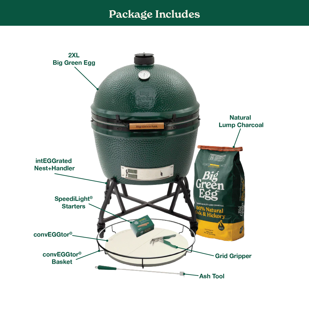 Big Green Egg 2XL Ceramic Kamado Grill in an intEGGrated Nest+Handler Package
