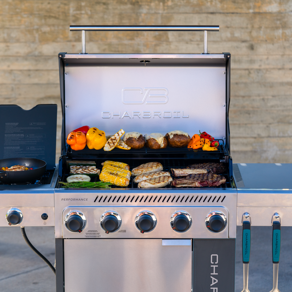 Char-Broil Performance Series FlavorMax 5-Burner Gas Grill, Cabinet with Side Burner, Gray