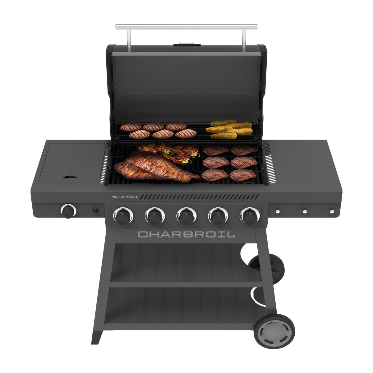 Char-Broil Performance Series FlavorMax 5-Burner Gas Grill, Cart with Side Burner, Gray