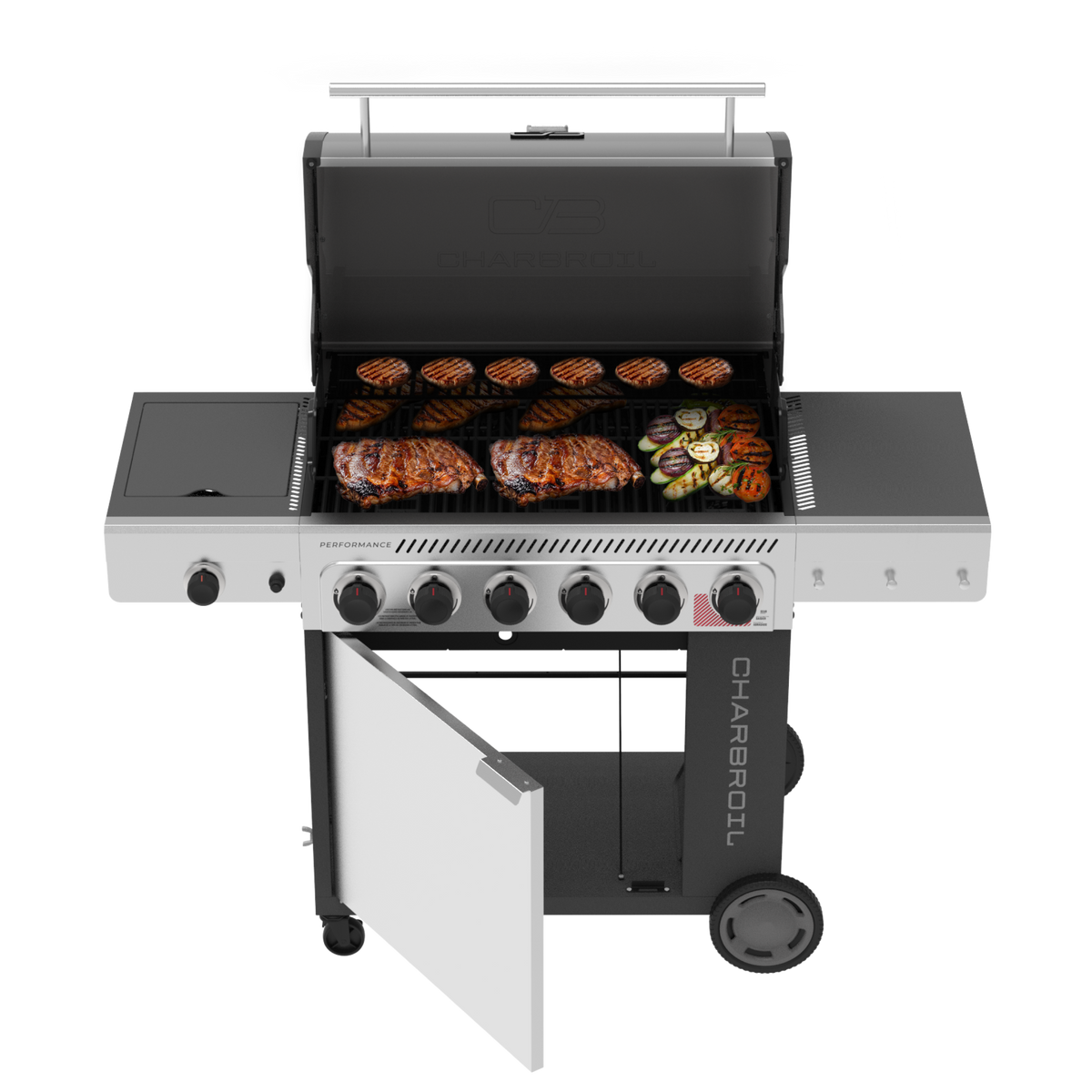 Char-Broil Performance Series FlavorMax 6-Burner Gas Grill, Cabinet with Side Burner, Gray
