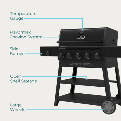 Char-Broil Performance Series FlavorMax 5-Burner Gas Grill, Cart with Side Burner, Blackout