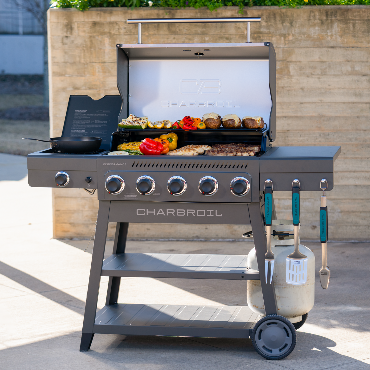 Char-Broil Performance Series FlavorMax 5-Burner Gas Grill, Cart with Side Burner, Gray