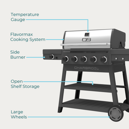 Char-Broil Performance Series FlavorMax 5-Burner Gas Grill, Cart with Side Burner, Gray