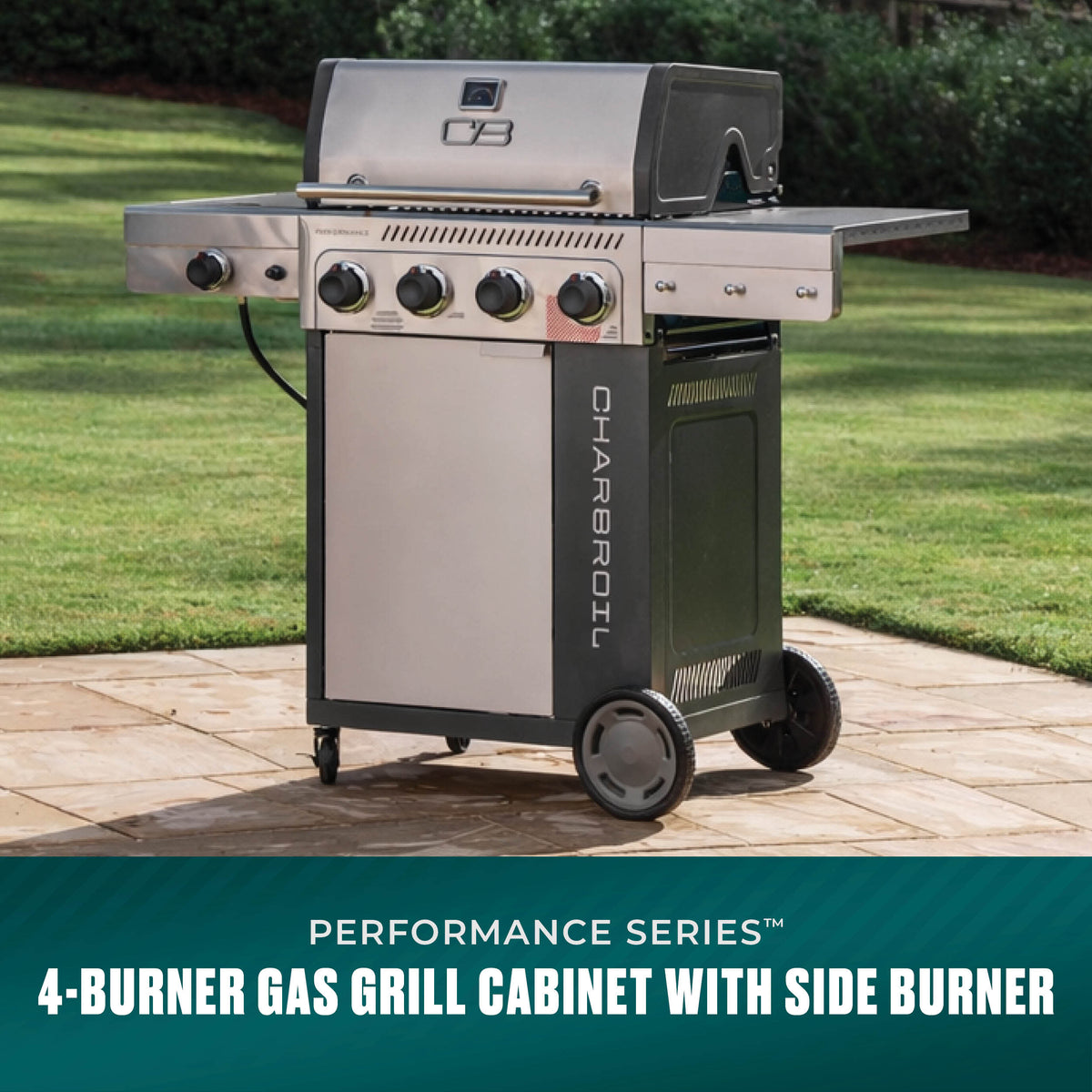 Char-Broil Performance Series FlavorMax 4-Burner Gas Grill, Cabinet with Side Burner, Gray