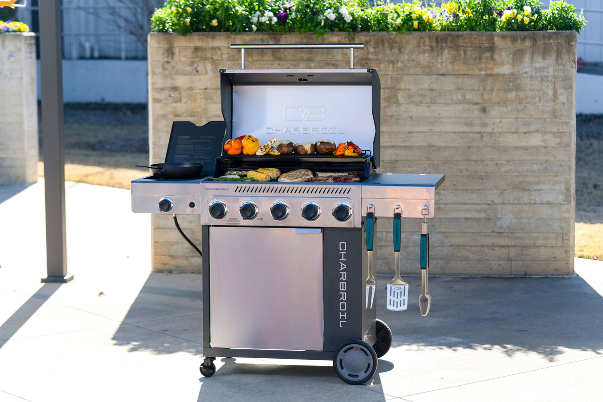 Char-Broil Performance Series FlavorMax 5-Burner Gas Grill, Cabinet with Side Burner, Gray