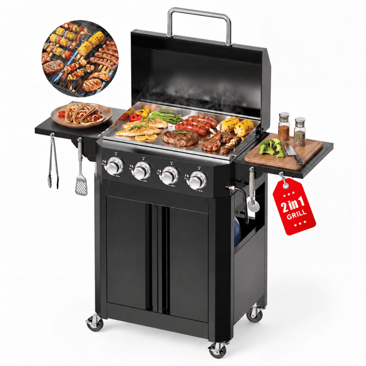 Biotree 4 Burner Propane Gas Grill and Griddle with Folding Side Tables