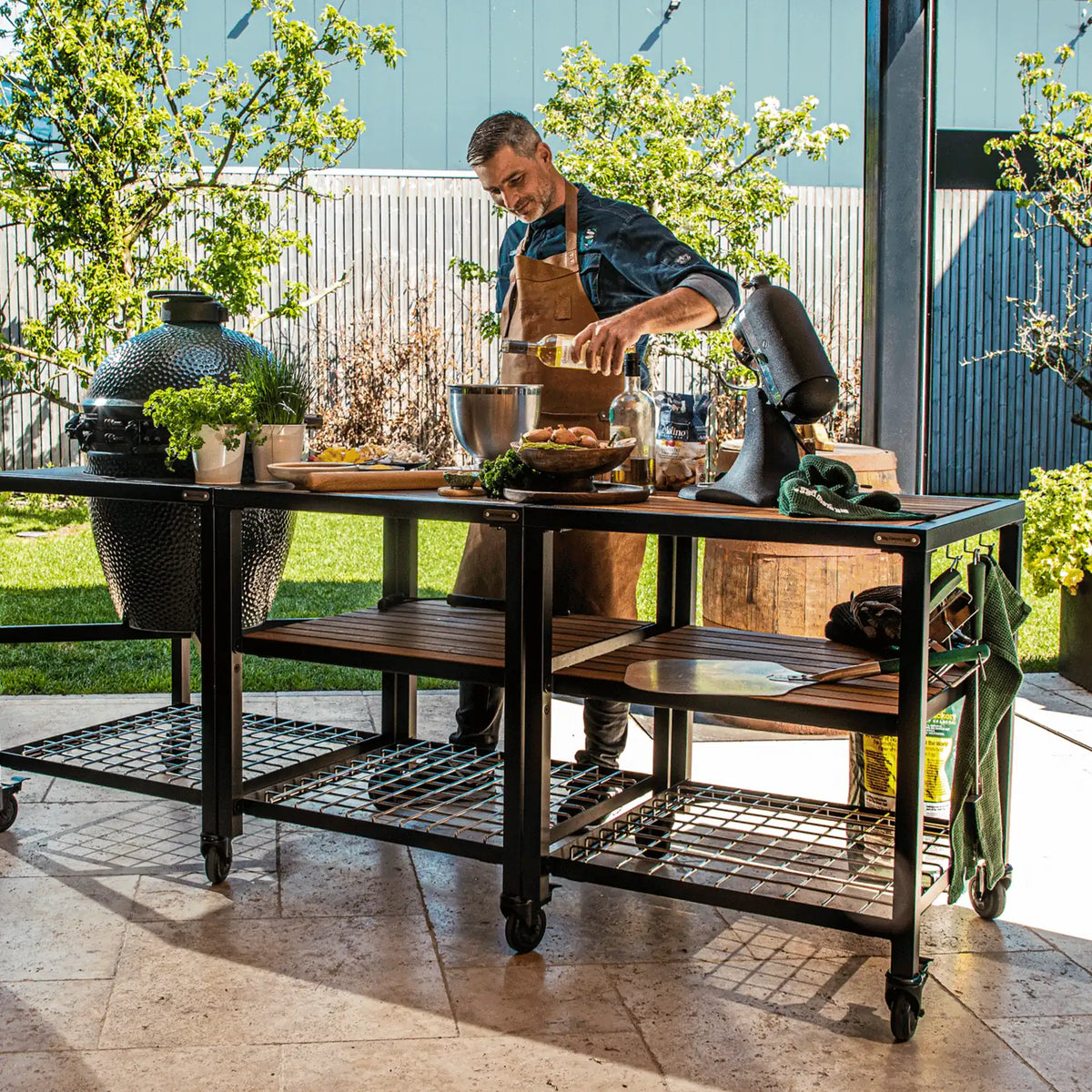 Big Green Egg Large Ceramic Kamado Grill in Modular Nest with Expansion and 3 Acacia Inserts Package