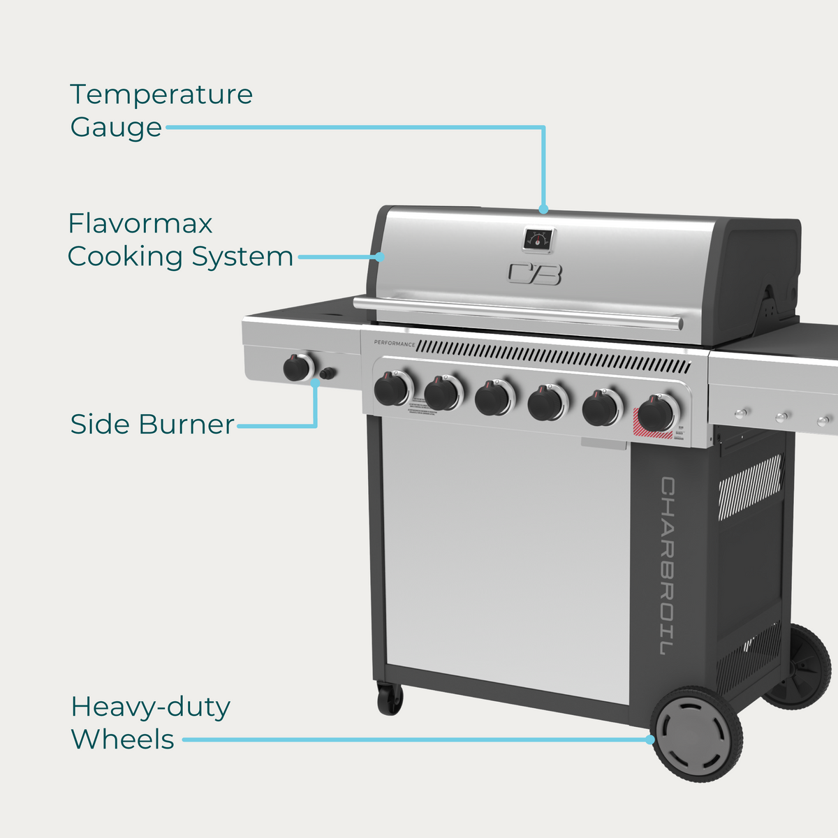 Char-Broil Performance Series FlavorMax 6-Burner Gas Grill, Cabinet with Side Burner, Gray